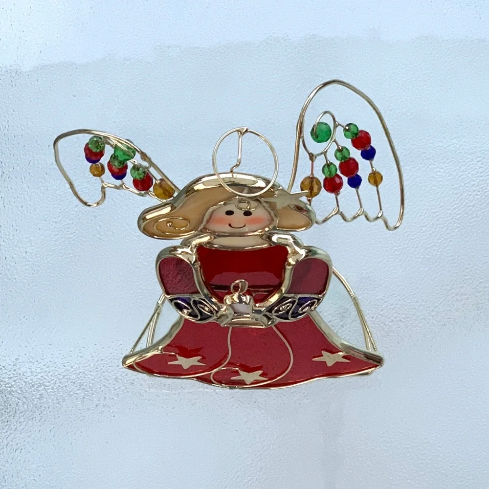 Stained Glass Angel Holiday Decor - Red and Gold